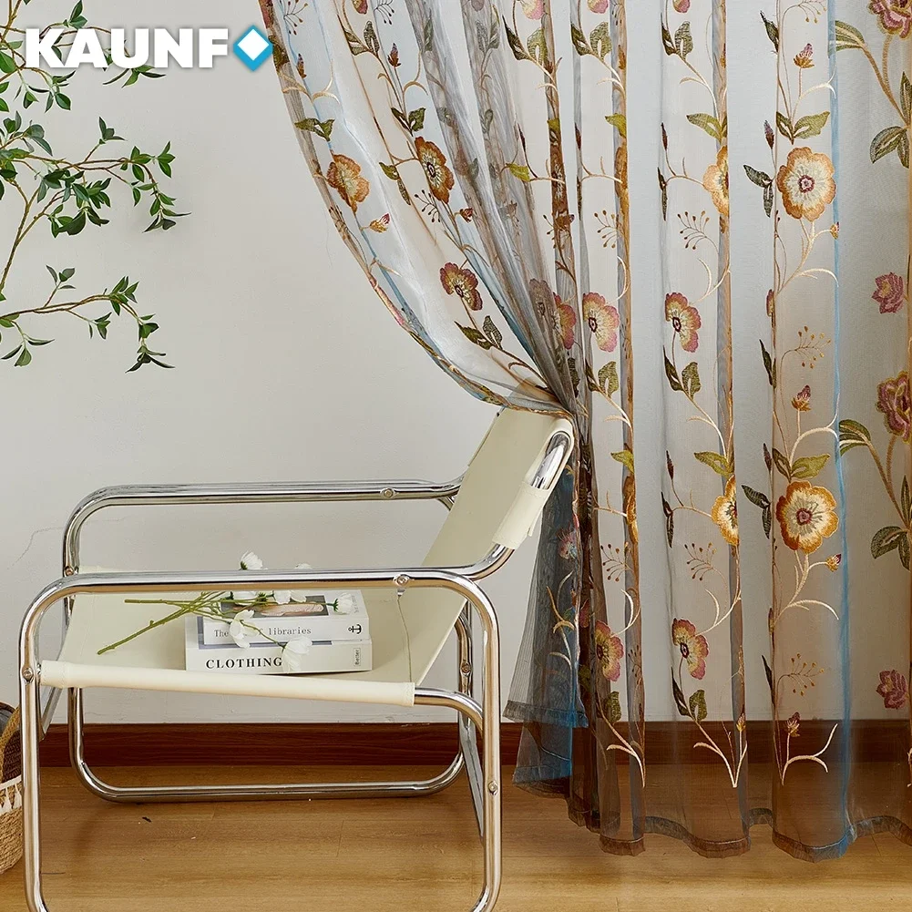 KAUNFO European Style Embroidered Curtain Sheer Transparent Voile Window Drpaes for Balcony Home Textiel Ready Made Curtain 1PC