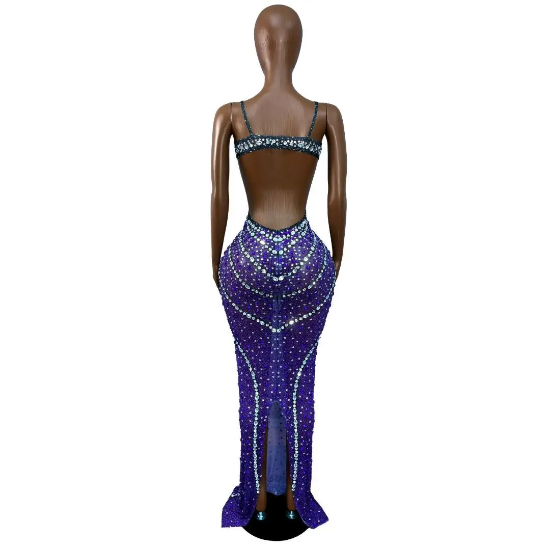 

Heiyupian Blue to Purple Ombre Rhinestone Embellished Spaghetti Strap Mesh Mermaid Gown for Evening Party and Formal Events