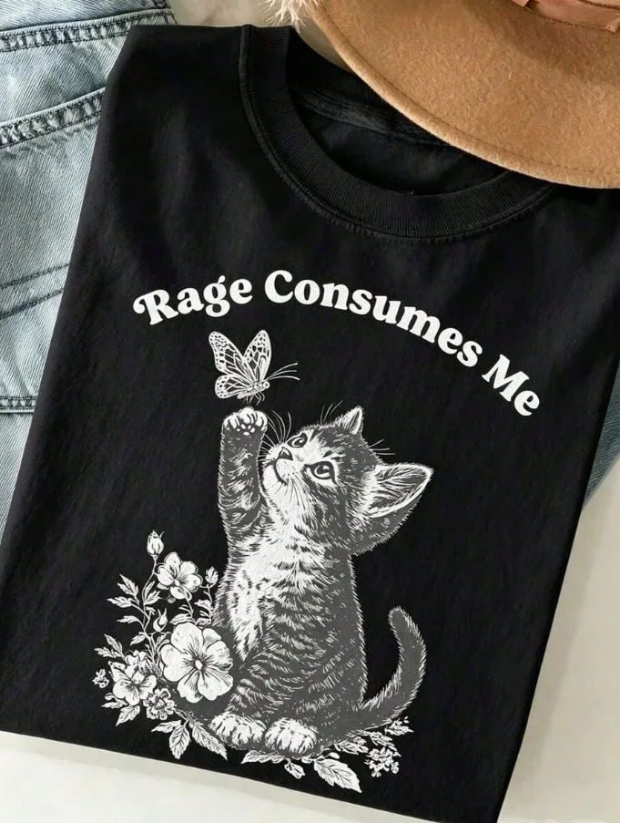 2026 Women's 100% Cotton Casual Crew Neck T-Shirt, Rage Consumes Me Cute Cat Meme Graphic Tee, Nashville Western 90s Aesthetic, Curvy Teacher Outfit Mental Health Short Sleeve Basic Tops For Daily Wear