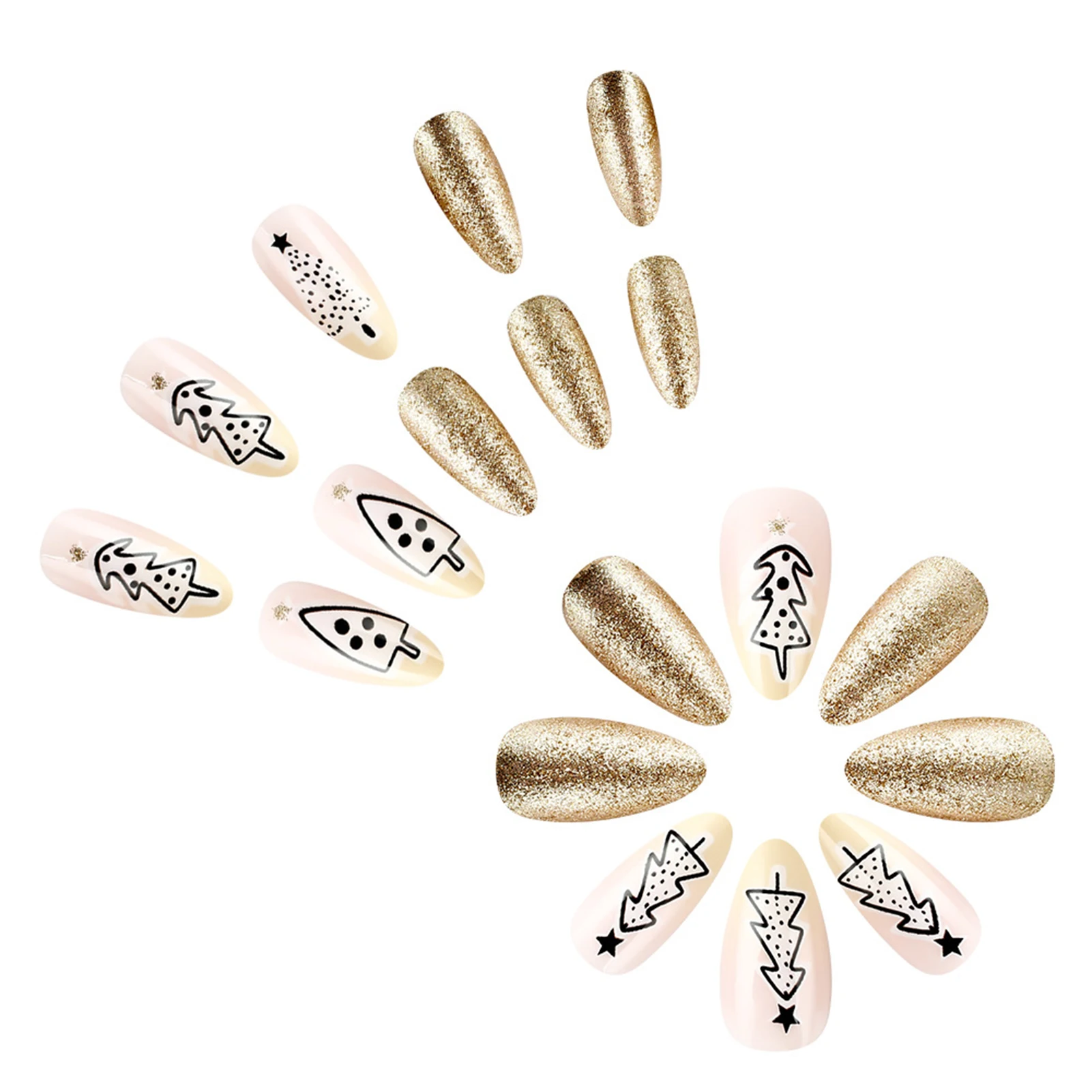 光沢のあるゴールドスパンコールアーモンドフェイクネイル 24 個クリスマスパーティープレスオンネイルクリスマスツリー/スタープリント新年パーティーチャームマニキュア
