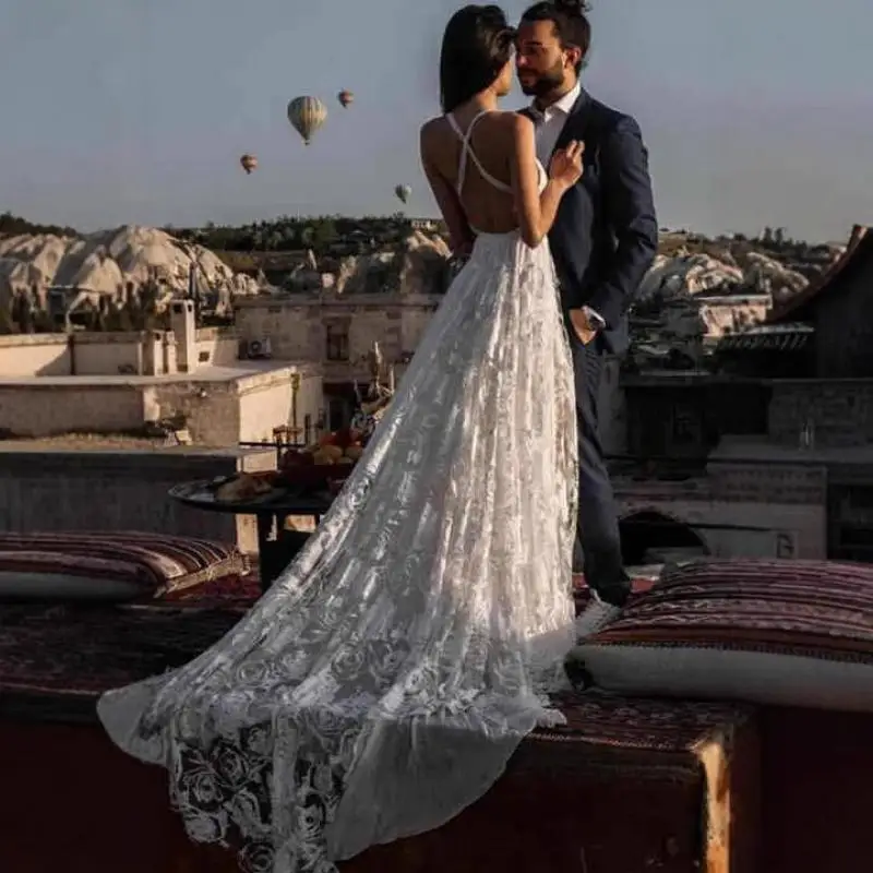 Side Split Boho Spaghetti Straps A-line Bridal Wedding Dress V Neck Backless Brush Train Floral Lace Bride Gown Custom Made