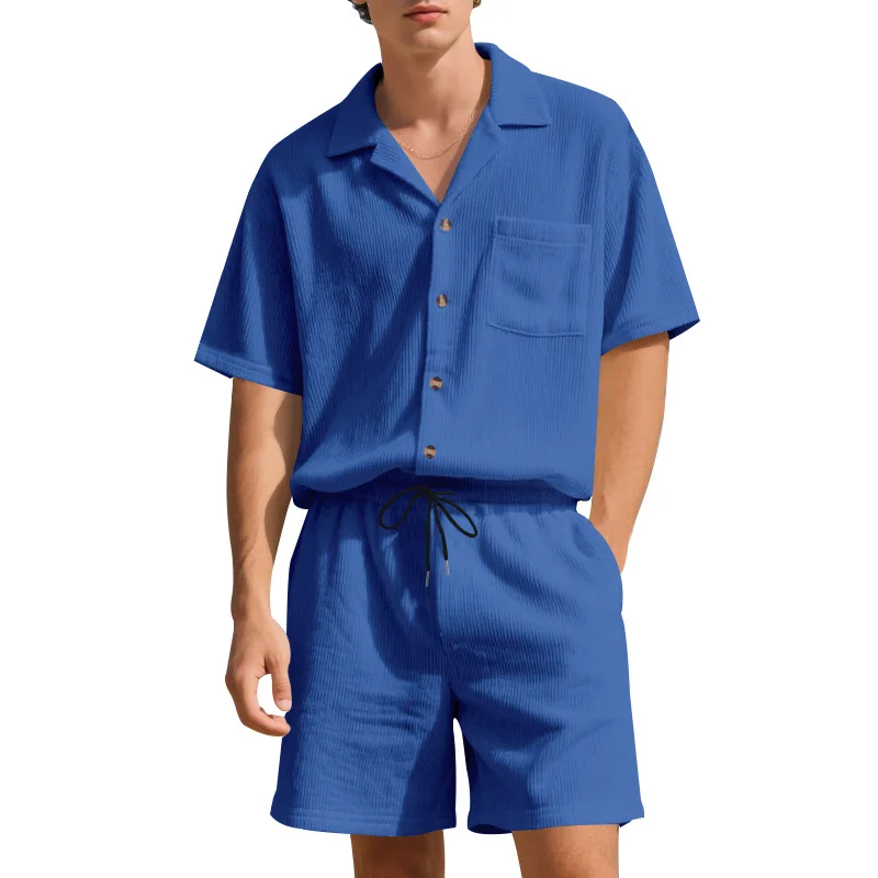 

Men Solid Vertical Striped Two Piece Set Lapel Button Down Short Sleeve Shirt Elastic Waist Casual Shorts Summer Outfit