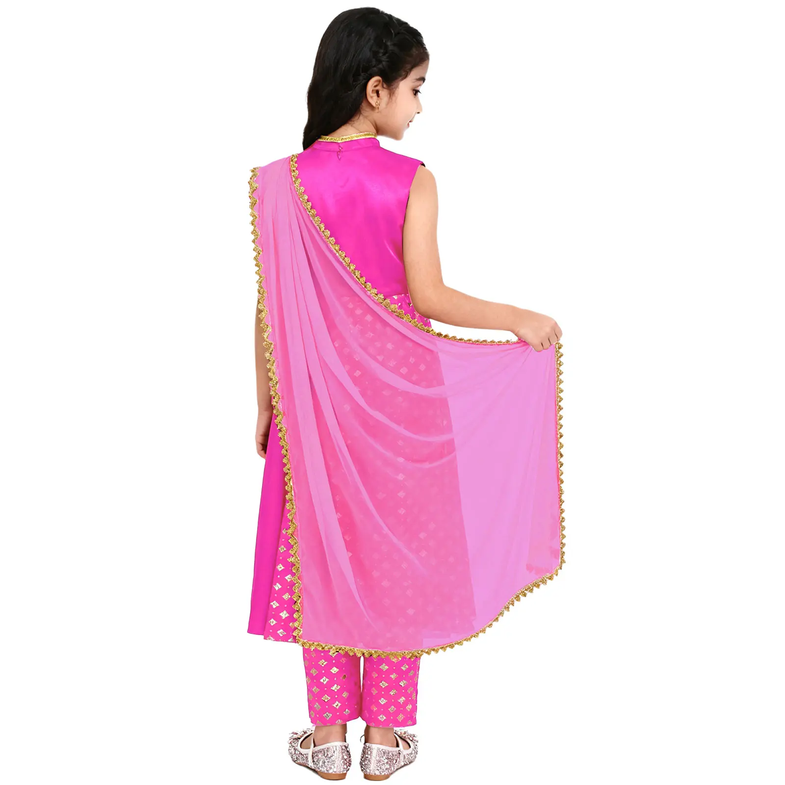 Kids Girls Indian Ethnic Salwar Suit Metallic Print Zipper Dress with Pants India Traditional Clothing for Festival Theme Party