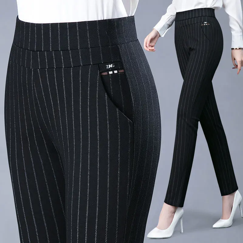 Spring autumn Elegant High Waist Casual Stretch Slim Middle Aged Women Trousers Ladies Fashion All Match Black Gray Pencil Pants