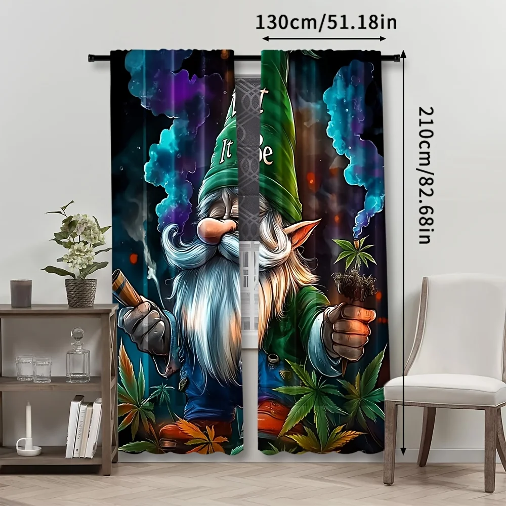 Dark Galaxy Gnome Curtain Panels 2 Pack, Smoking Dwarf Cannabis Leaf Gradient Smoke Pattern Background for Lounge Decor