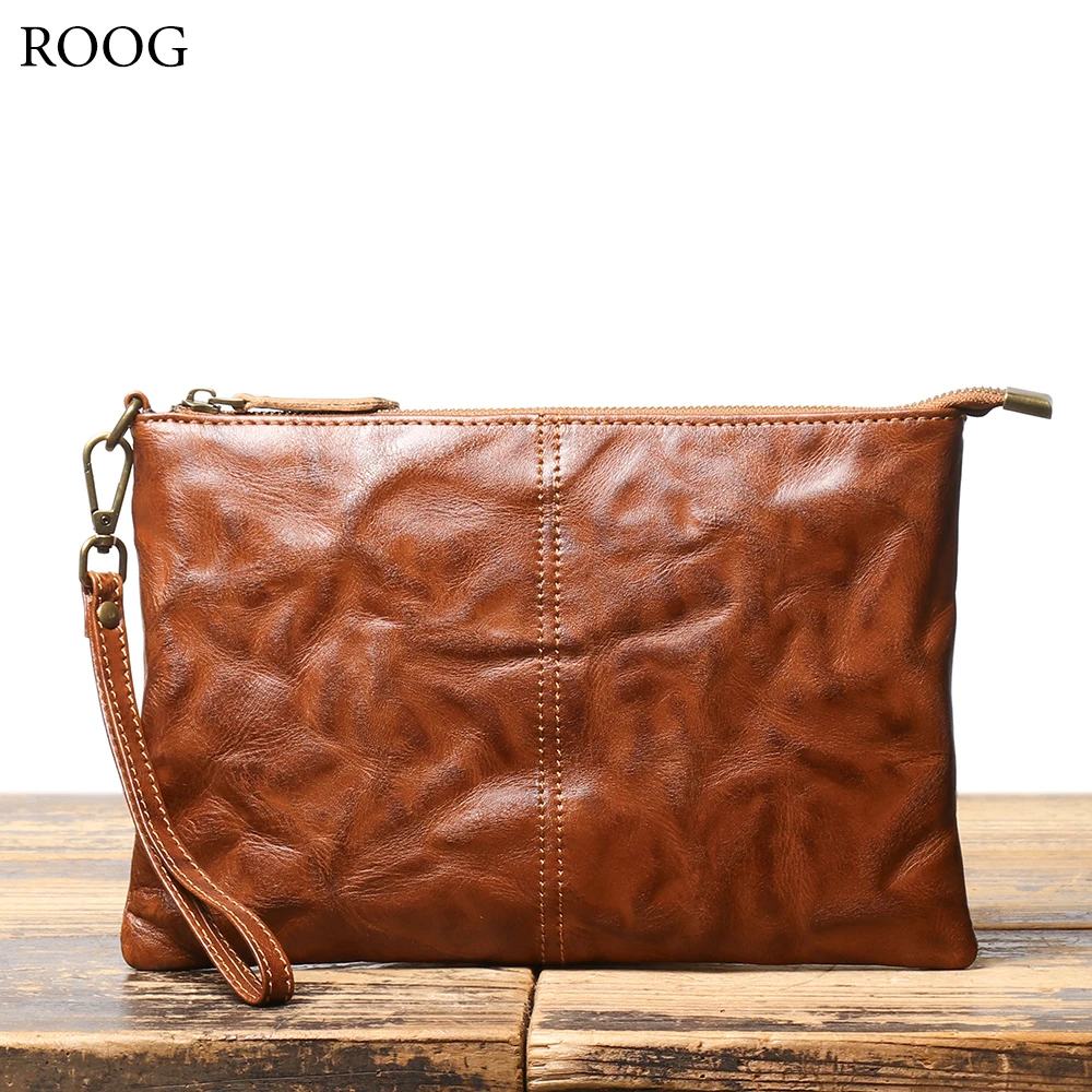 ROOG Timeless Vintage Leather Clutch Wallet - Luxurious Genuine Leather, Secure Zipper, Stylish Wristlet for Women