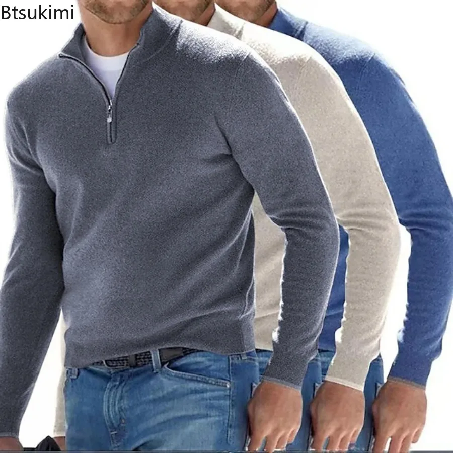 

Autumn New Men's Half Zipper Knitted Pullovers Solid Stand Collar Sweaters Casual Breathable Men Winter Basic Warm Sweater Coats