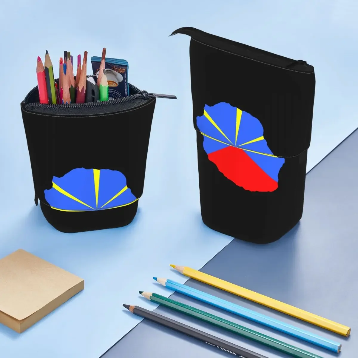 Reversible Federmäppchen mit Flagge der Insel Réunion für Kinder, Schule, Stiftbox, Stifttasche, Schreibwaren, Stifthalter-Tasche