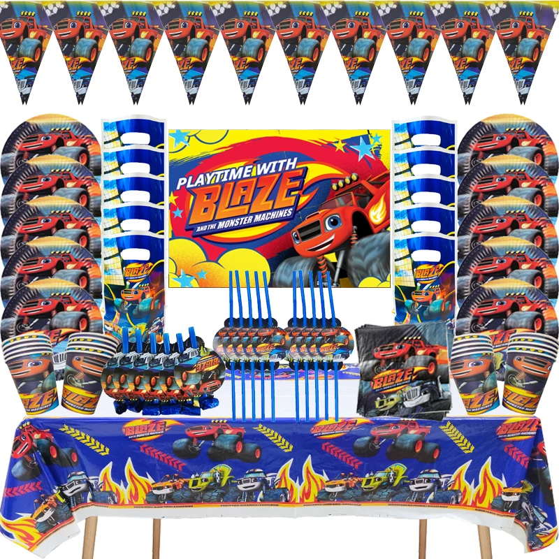 Blaze And The Monster Machines Theme Party Supplies Children Birthday Blaze Paper Cups Plates napkins Flags Tablecloth Supplies