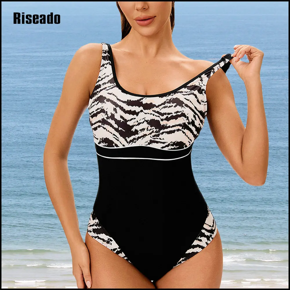 

2025 New Trends One Piece Swimsuit Women U Back Color Block Print Bathing Suits Athletic Modest Swimwear