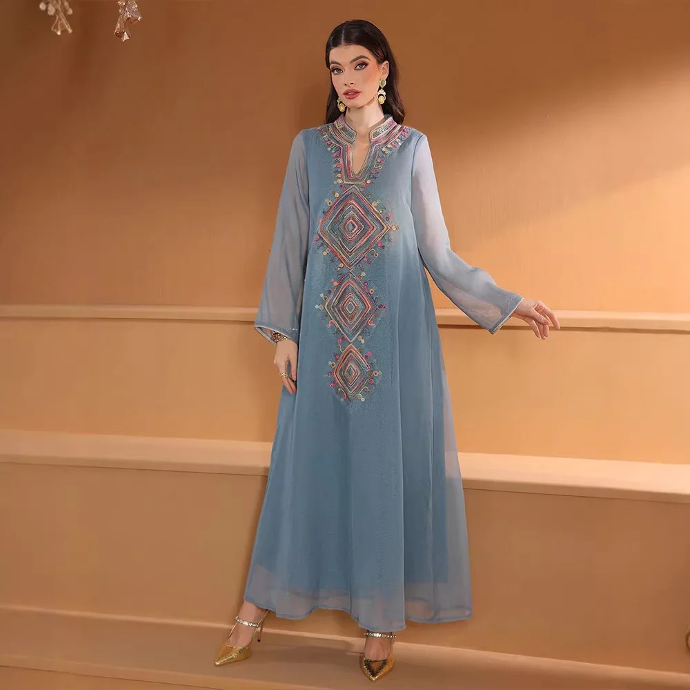 Vestido Feminino do Oriente Médio, Robe Muçulmano Bordado, Vestidos Longos de Dubai, Kaftan Árabe, Roupa Islâmica Jalabiya para o Ramadã e Eid