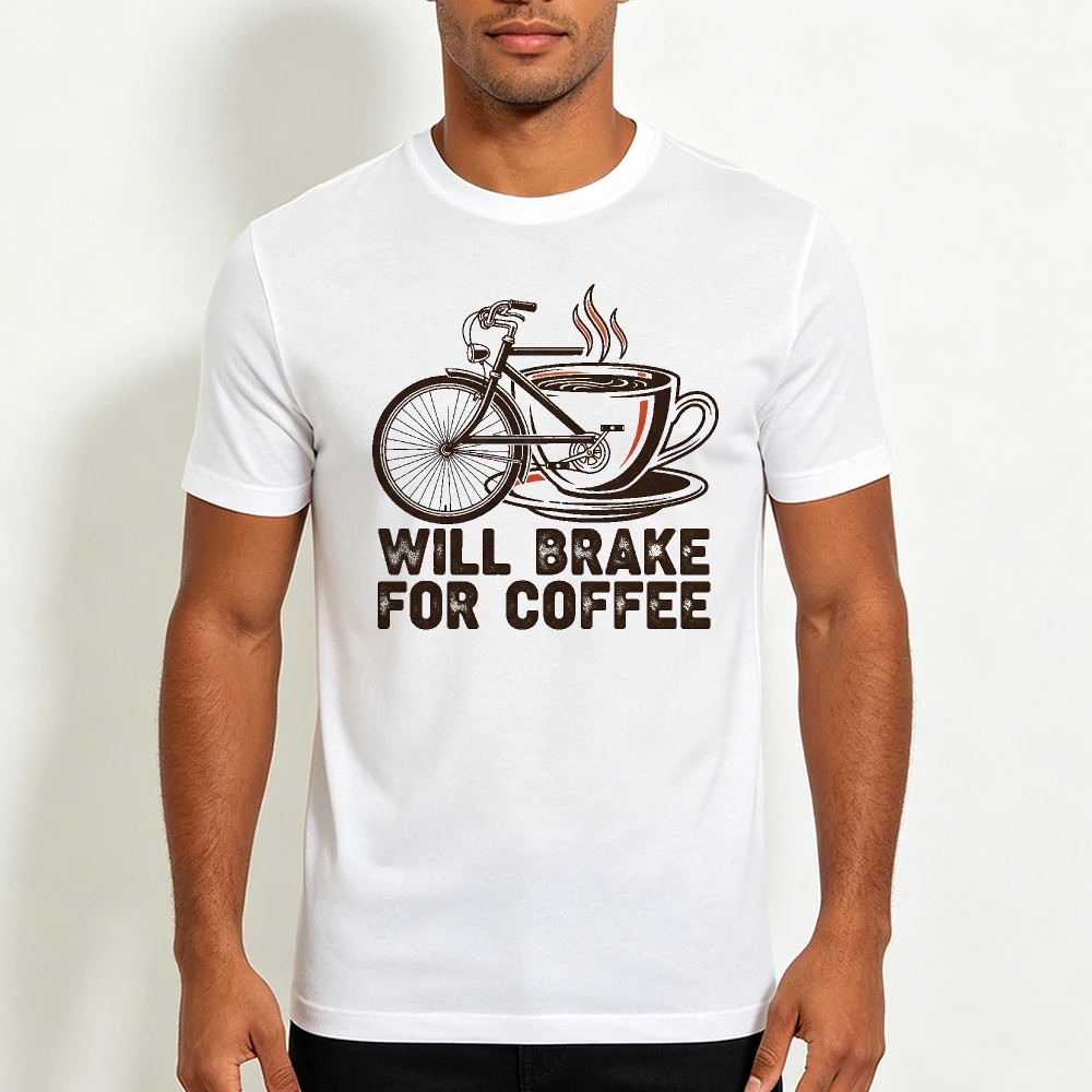 WILL BRAKE FOR COFFEE Retro Bicycle Coffee Cup Distressed Print Men Shirt Cyclist Coffee Fan Pun‑inspired Casual Outfit T-hisrt