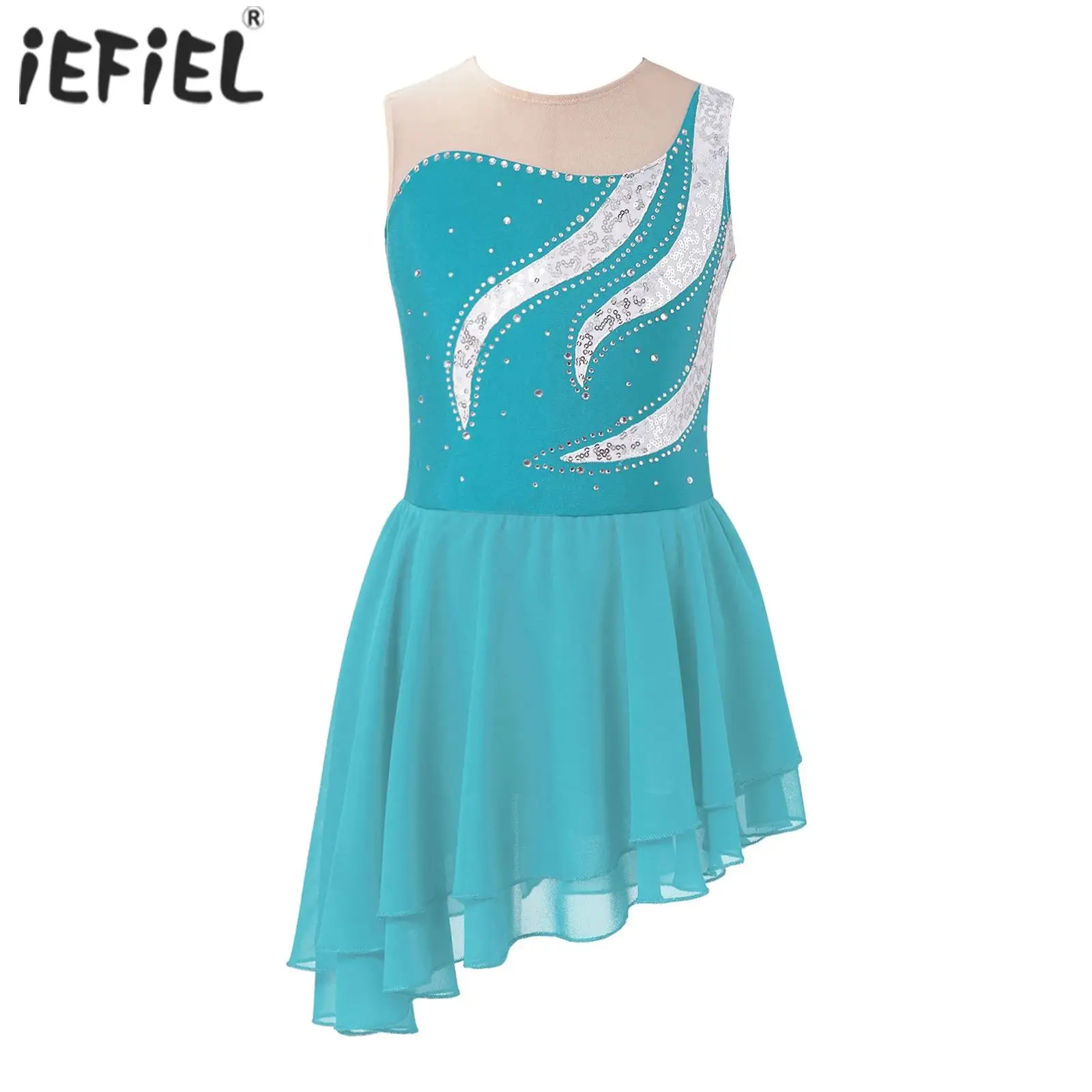 Kids Girls Sequin Rhinestone Figure Skating Costume Sleeveless Tight Fitting Ballet Lyrical Dance Clothes Gymantics Ballet Dress