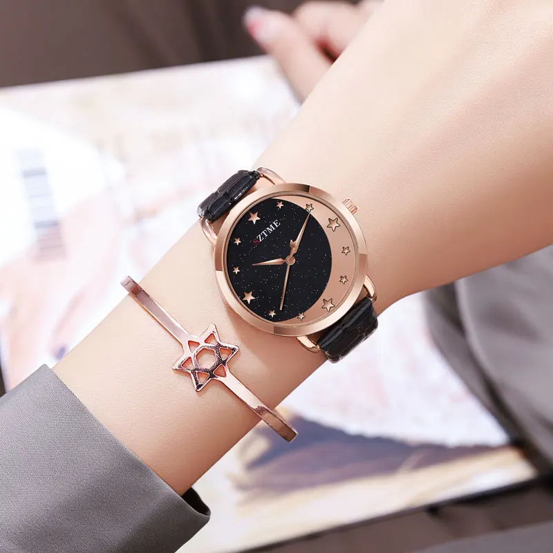 ساعة نسائية بحزام جلدي ، سماء القمر المرصعة بالنجم ، ساعة كوارتز ترفيهية لطيفة ، طراز الكلية ، الموضة العصرية #3