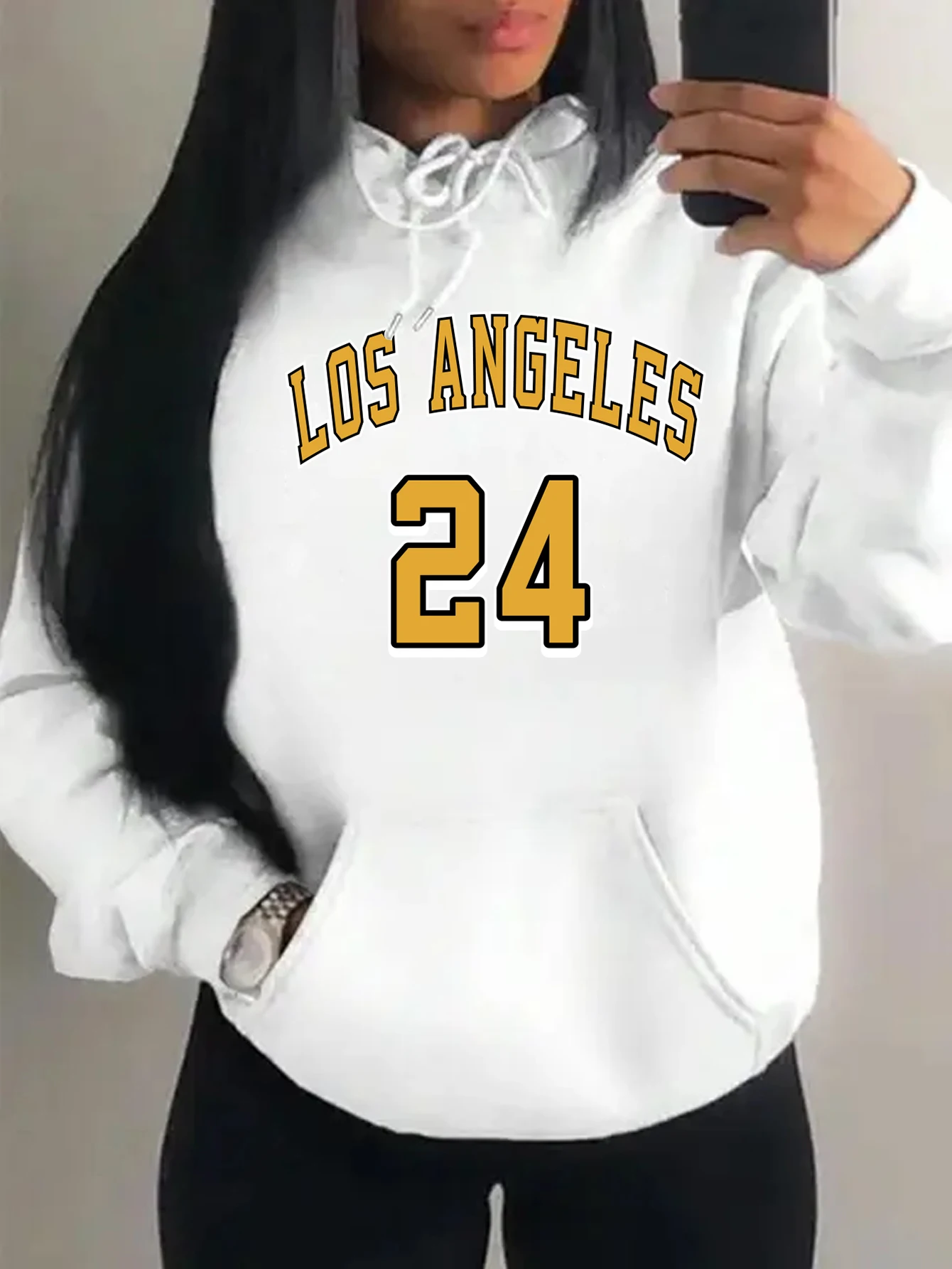 Yellow Los Angeles 24 Printed Women Streetwear Cartoon Pocket Clothing Fashion Oversize Hoodies Autumn Fleece Unisex Hoody