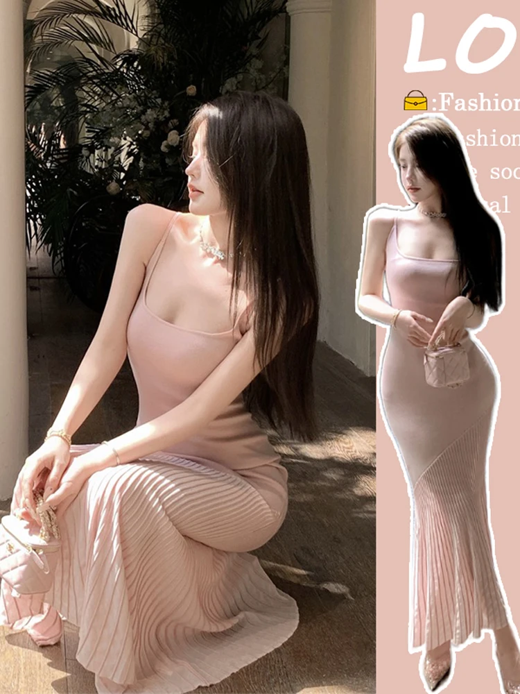 กระโปรงทรงบอดี้คอนสีชมพูใสแบบโปร่งแสง รุ่น Dopne ing f-Transparent Pure Desire Pink Fi Tail Strapl Dr สำหรับผู้หญิง ฤดูร้อน ช่วยให้ดูผอมเพรียว สไตล์เฮปเบิร์น S...