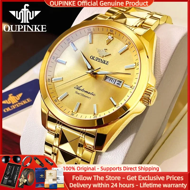 

OUPINKE 3223 Men Watch Fashion Simple Luxury Brand All Automatic Mechanical Watch Gold Tungsten Steel Business Men Formal Watch