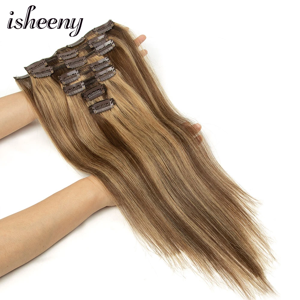 Highlight Clip in Hair Extensions 7pcs/Set 12-24 inches Natural Brown Human Hair Full Head 50-140G Clip Human Hairpieces P4-27#