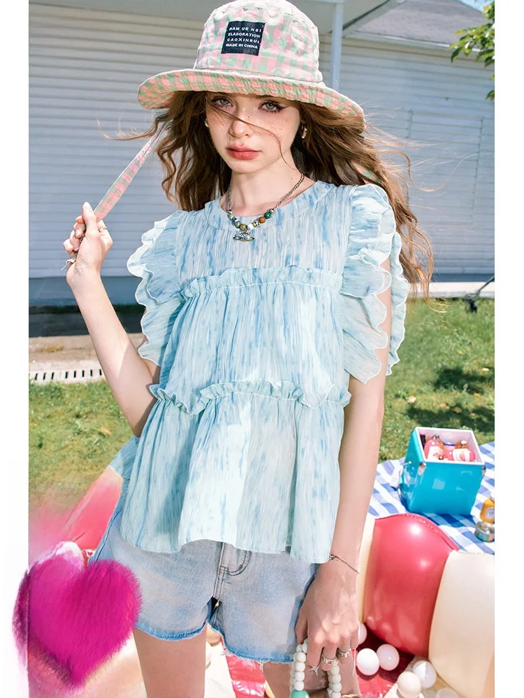 

Женская шифоновая блузка Ele с кружевной отделкой от Elf Sa, лето 2025, повседневная, с круглым вырезом, свободного кроя, из полиэстера