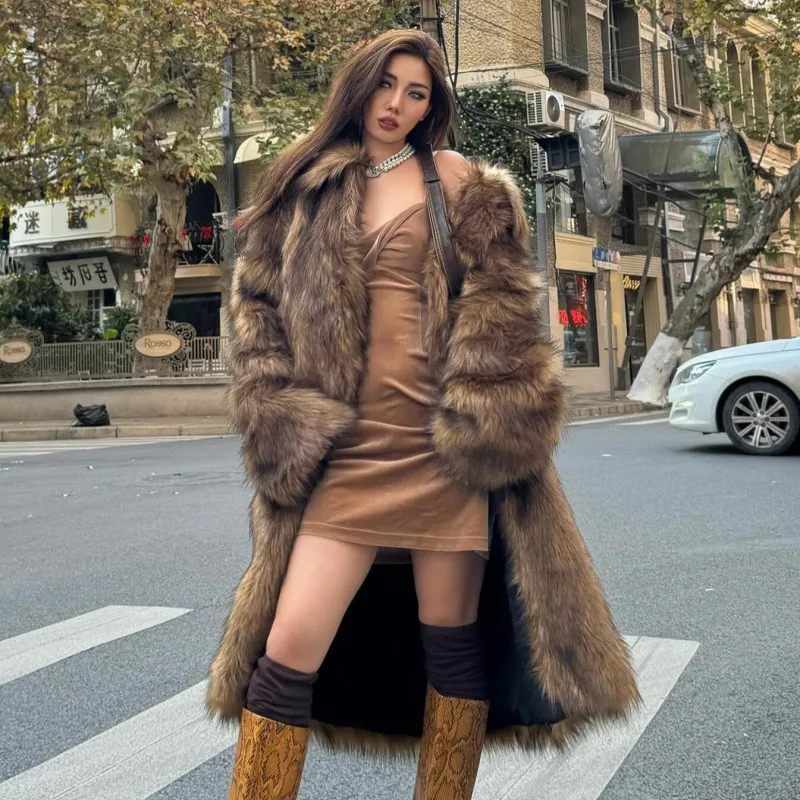 

Thick Autumn Winter Women Long Faux Fur Jacket Gradient Brown Warm Female Fluffy Faux Fur Coat Elegant Fur Collar Lady Overcoat