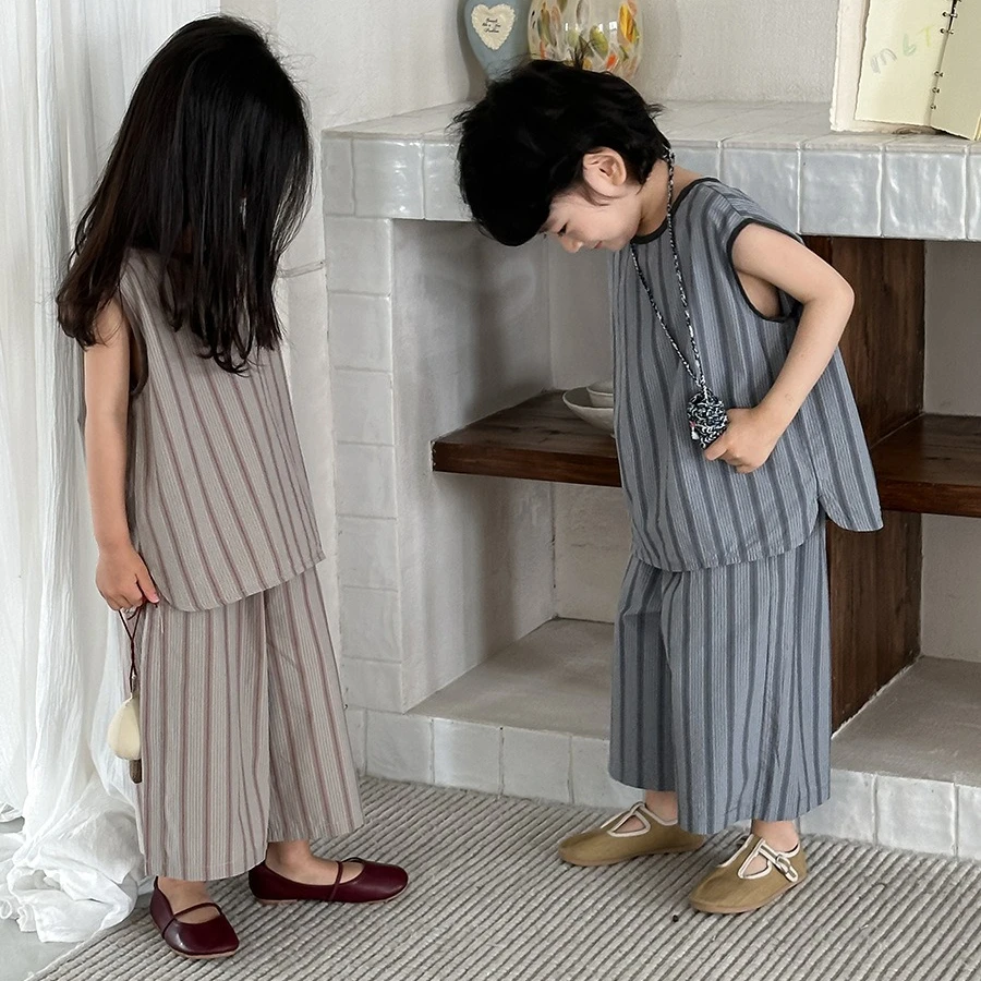 Set 2026 Spring and Summer New Children's Wear Korean Style Boys and Girls Vertical Vest Loose Seven Minute Pants Two Sets