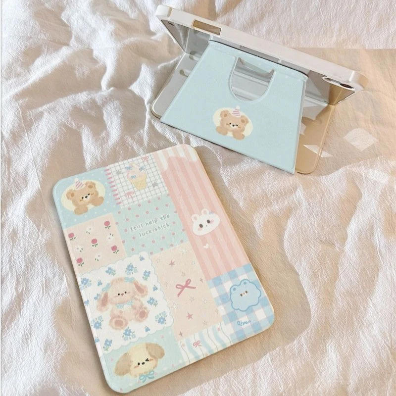 Rotating Grid Bear Cute Tablet Case For iPad Pro 11 12.9 13 A16 M2 M4 M3 M5 Shell 10.2 5/6/7/8/9/10/11th Mini Air 3 4 5 6 Cover