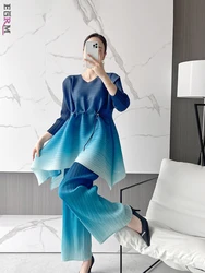 EGRM Gradient Pleated Set Drawstring Slim Full Sleeved Top and High Waisted Wide Leg Pants 2 Piece Sets for Women 2023 New 8RM91