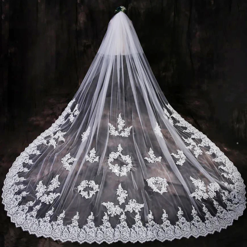 2024 Super Quality Romantic Korean Style Lace Appliqued Long Tail Veil 3.5Meter Wedding Veils Velo De Matrimonio