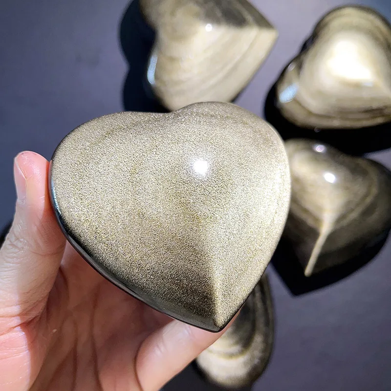 Natural Golden Sheen Obsidian Heart Palm Stone Mexican Protective Cat Eye Quartz Crystal Decor Gold Shimmer Grounding Gemstone