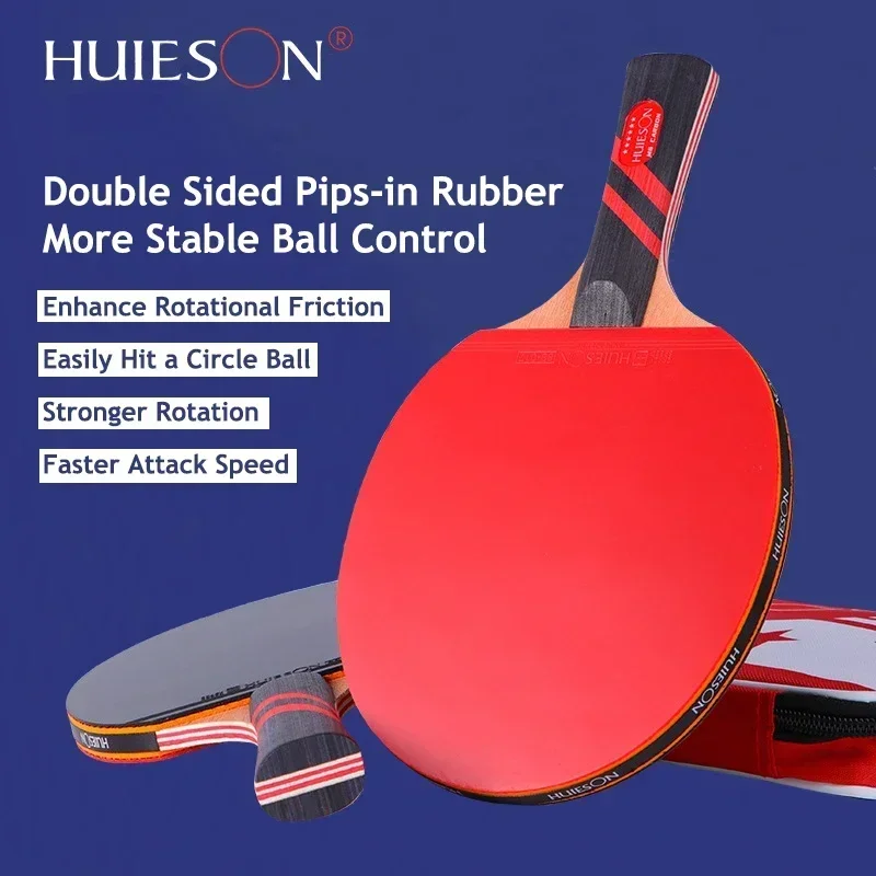 Huieson M 6-Stars 2pcs Table Tennis Racket Set New 7 Plys Pure Wood Pips-in Bottom Strength Loop Fast Break Bat with Bag for Pro