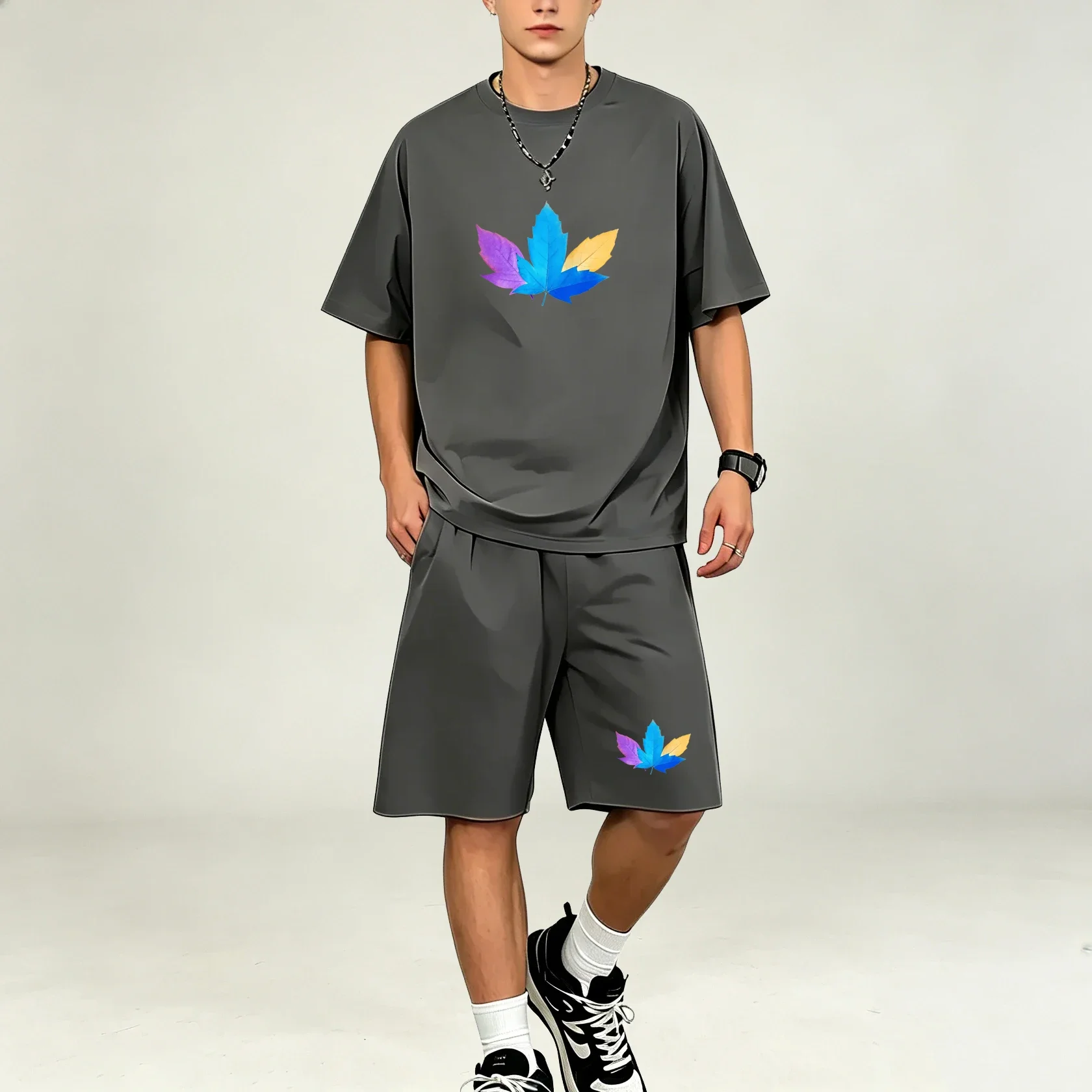 Summer Three Color Leaf Pattern Print Sports Men T-Shirts Sets Quick Dry Oversized Short Sleeve T-Shirt Pocket Shorts Daily Sets view 3