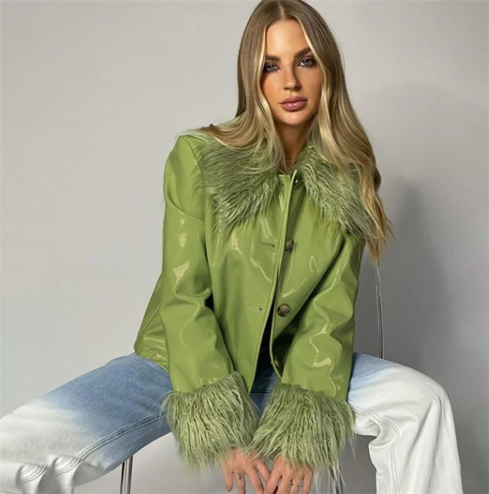 

Женское кожаное пальто-джат Street Sle Long Sve, верхняя одежда из искусственной кожи с меховым воротником, модная весенняя коллекция