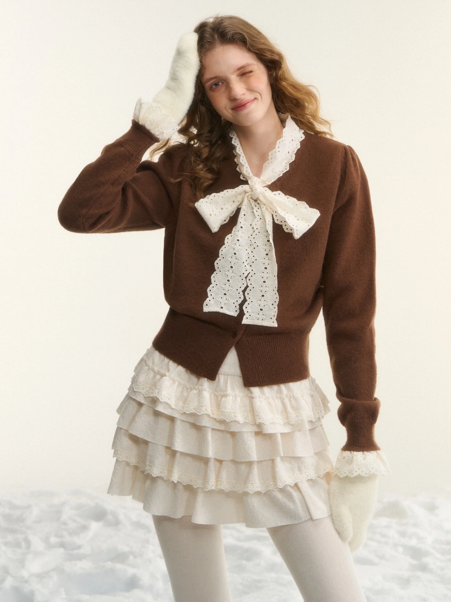 

Brown Knitted ort Cardigan Vintage Sle Lace Knot Belted Women's Warmth Clothing V-ne Single Piece Chinese Pro...