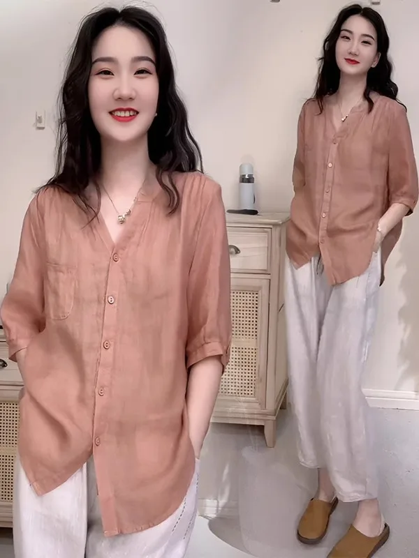 한국 스타일 순색 심플 린넨 여성 여름 얇은 루즈핏 브이넥 트렌디 스몰 원피스 패셔너블