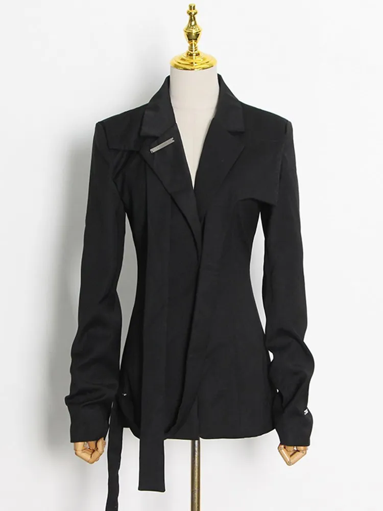 BPN-Blazer Preto Assimétrico Para Mulheres, Manga Longa Entalhado, Patchwork Lace Up, Blazers De Emagrecimento Sólidos, Roupas Femininas Da Moda,