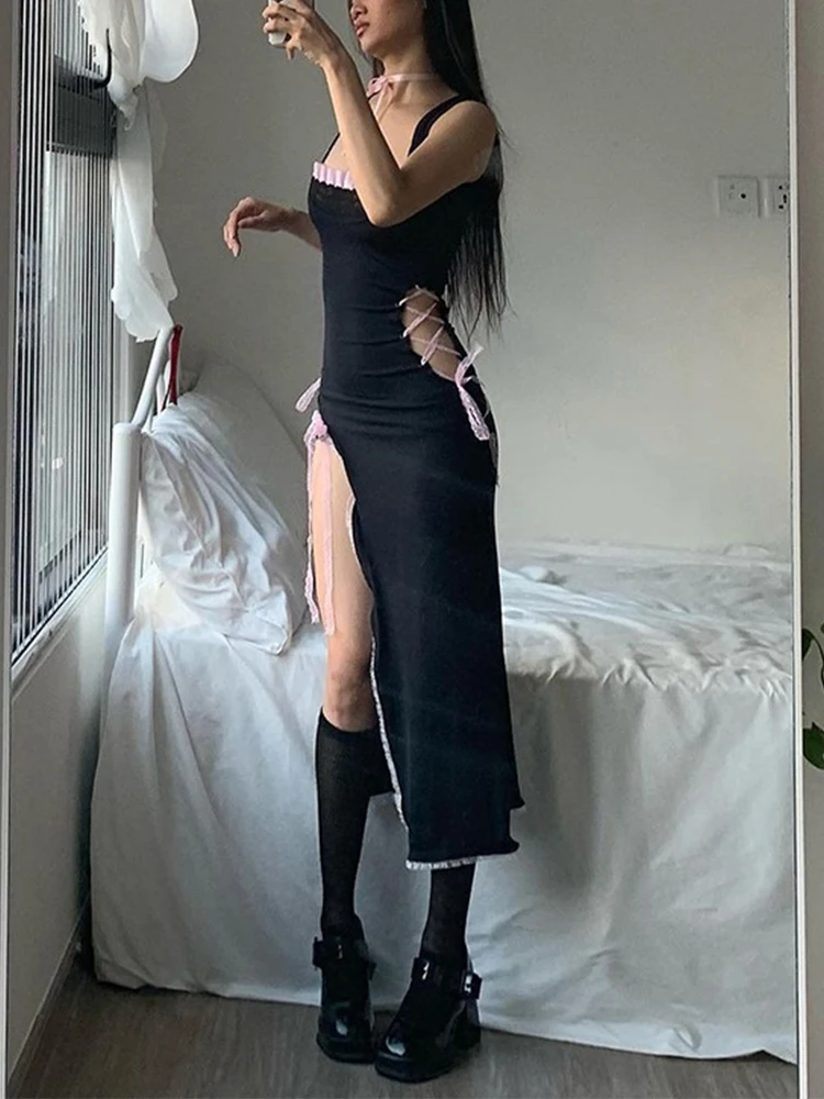 AltGoth Elegant Sexy Hotsweet Dress Women Soft Goth Fairycore Grunge Pink Lace Patchwork Cut Out Bodycon Split Dress Partywear