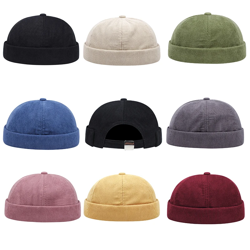 2024 New Fashion Casual Solid Color Corduroy Minimalist Solid Color Unisex Brimless Hat Autumn and Winter Windproof Beanie