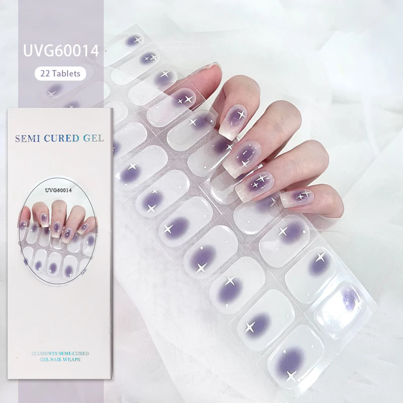 Autocollants pour ongles en gel semi-durci UV Starlight, fond blanc, étanche, semi-cuit, couverture complète, lampe UV requise, 22 pointes