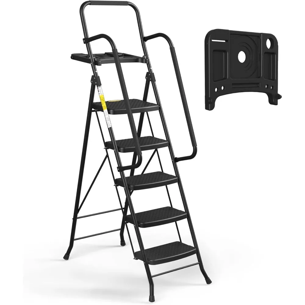 

5 Step Ladder with Handrails, Folding Step Stool with Tool Platform, 330 LBS Portable Steel Ladder for Adults for Home Kitchen