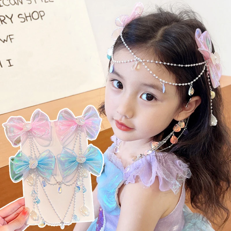 Children Mermaid Princess Pearl Butterfly Fringe Bow Forehead Chain Hairpin Fairy Sweet Earring Clip Girls Hair Accessories