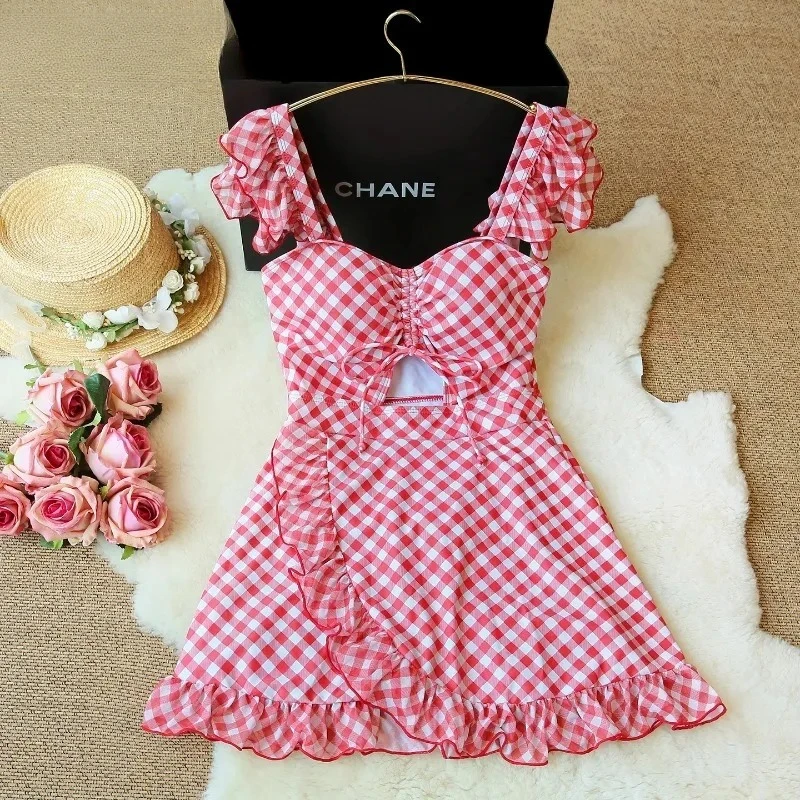 

One-piece Swimsuit Women's Oversize New Slightly Fat Girl Bathing Conservative Plaid High Waist Slim Vacation Seaside Swimwear