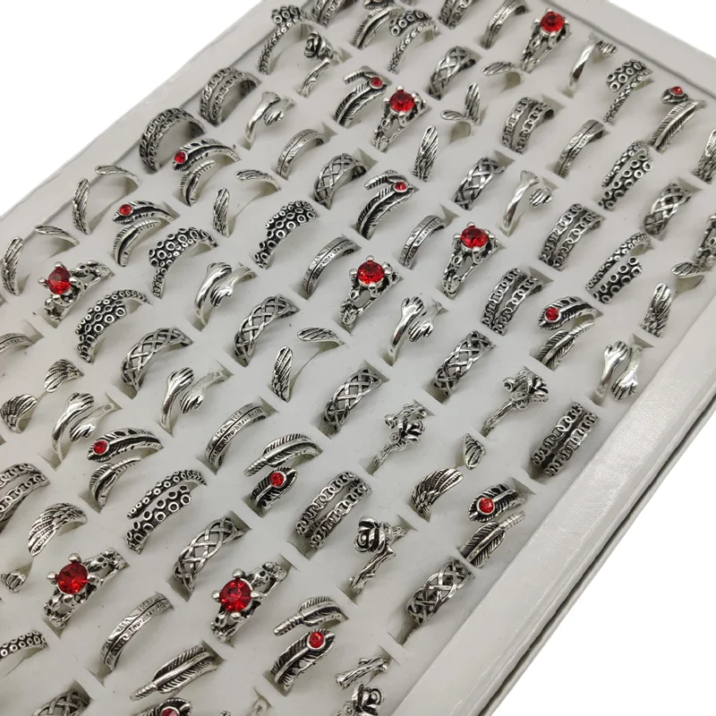 10 יחידות / הרבה עתיקות מגניבות חדשות סגנון פתוח טבעת אצבע לנשים פאנק עלה פרח כנפיים שרשרת טבעת משותפת זכר רוק ילדה מסיבה