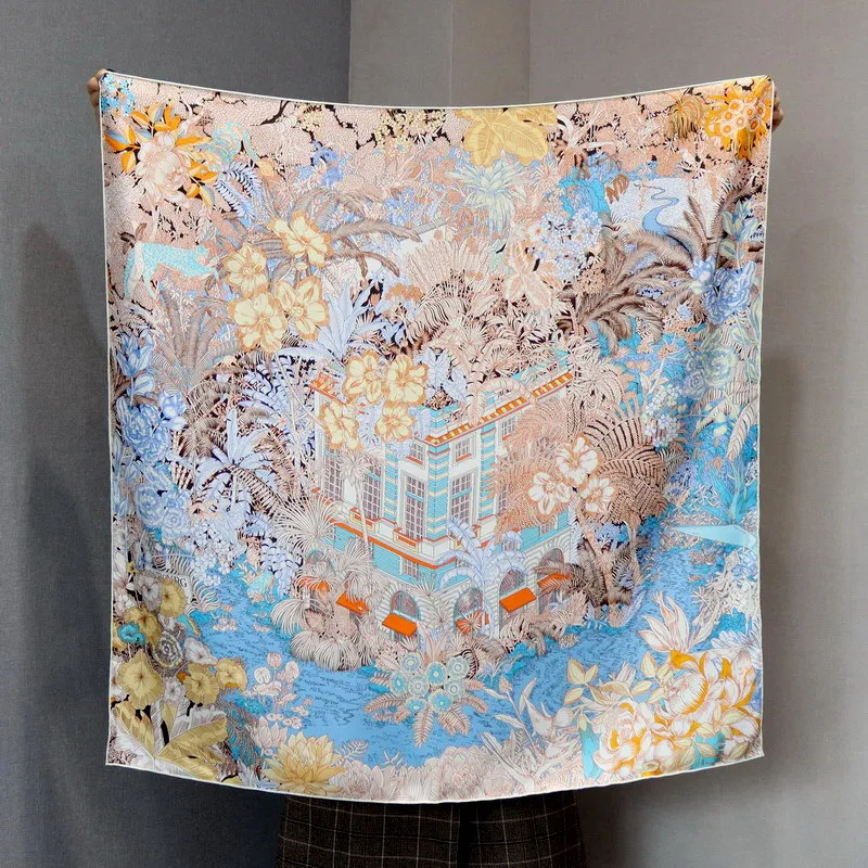 88x88cm 100% MULBERRY SILK Twill Scarf Tropical Manor Building Floral Print Square Shawl Exotic Art Silk Bandana Neck Scarf