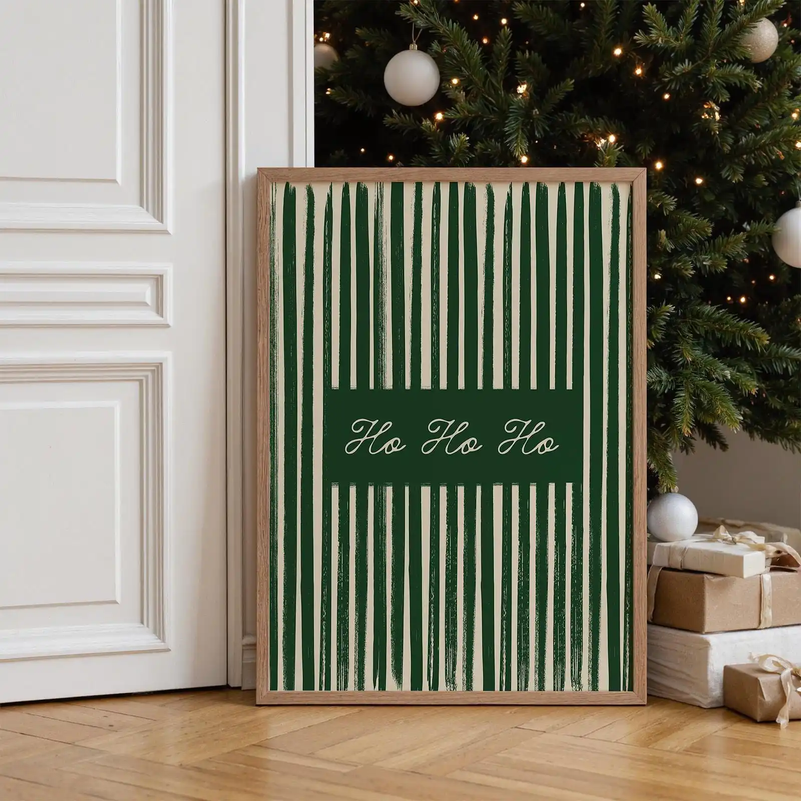 Ho Ho Ho Vintage Christmas Canvas Poster Print Unframed Classy Typographic Red Green Stripe Poster for Living Room Bedroom Decor