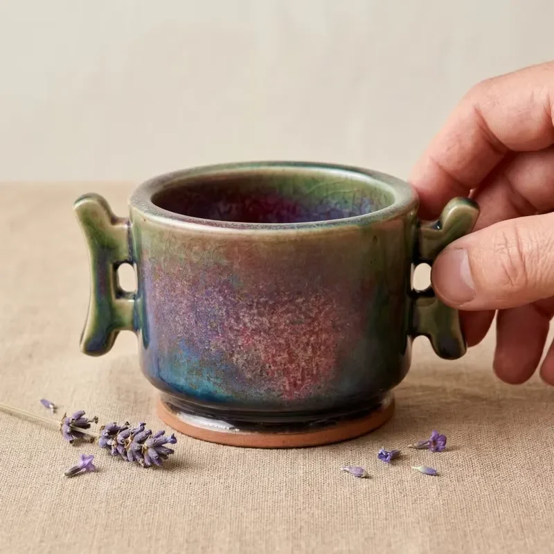 【CHIMU HOME】 Exquisite Handmade Jun Porcelain China Antique Double-Eared Cup for Tasting Iridescent Flow Glaze