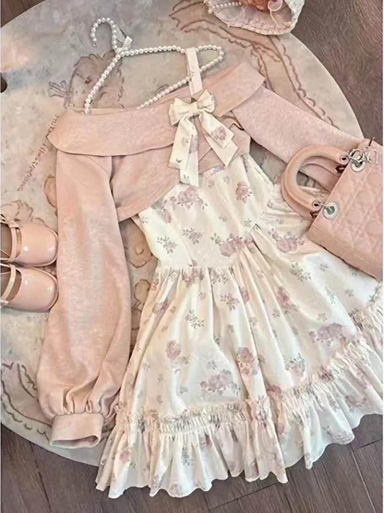 Dulce y picante estampado floral que se pega en la cintura ter Dr novedad de verano para mujer suéter asimétrico rosa con hombros punzón de dos piezas...