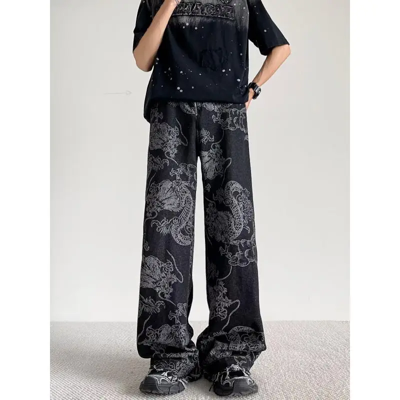 Dragon Embroidered Baggy Jeans For Men Straight Mens Pants New Black Male Jeans Pants Work Wear 2024 Autumn New Arrival