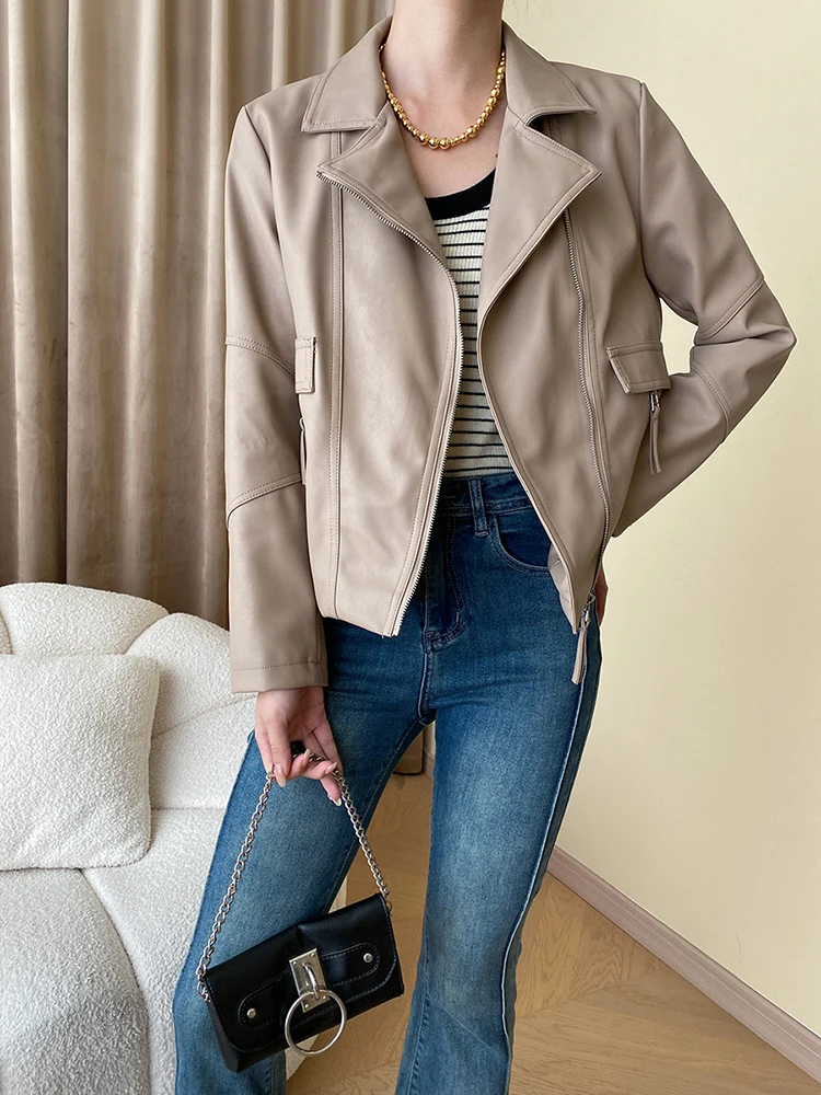 

Loose Fit Beige Big Size Casual PU Leather Jacket New Lapel Long Sleeve Women Coat Fashion Tide Spring Autumn X741