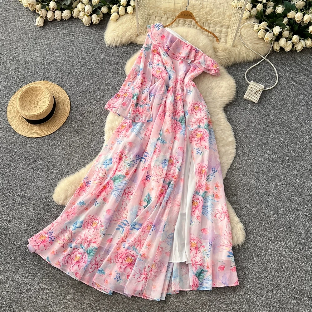 

Summer Holiday Floral Print Maxi Dress Women One Shoulder Ruffle Flare Sleeve Chiffon Dress High Waist Split Boho Beach Vacation