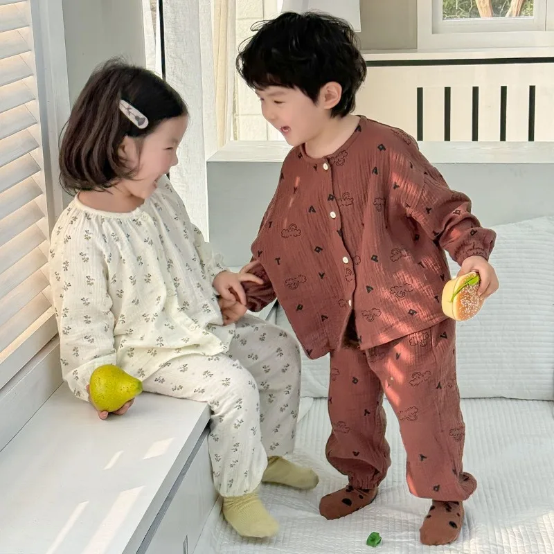 2024 Autumn Children\'s Clothing pajamas sets yarn cotton cartoon sleepwear Boys Girls long sleeve trousers 2pcs Kids Home Wear